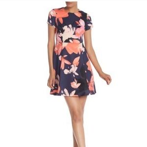 Vince Camuto Navy Floral Fit & Flare Mini Dress with Coral Accents